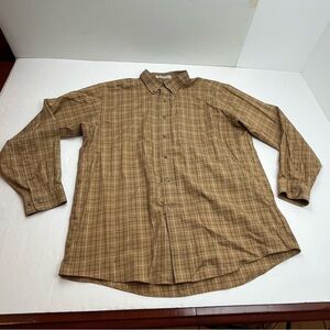 L.L. Bean Tan Plaid Windowpane 100% Cotton Shirt Button Front Large Regular FLAW